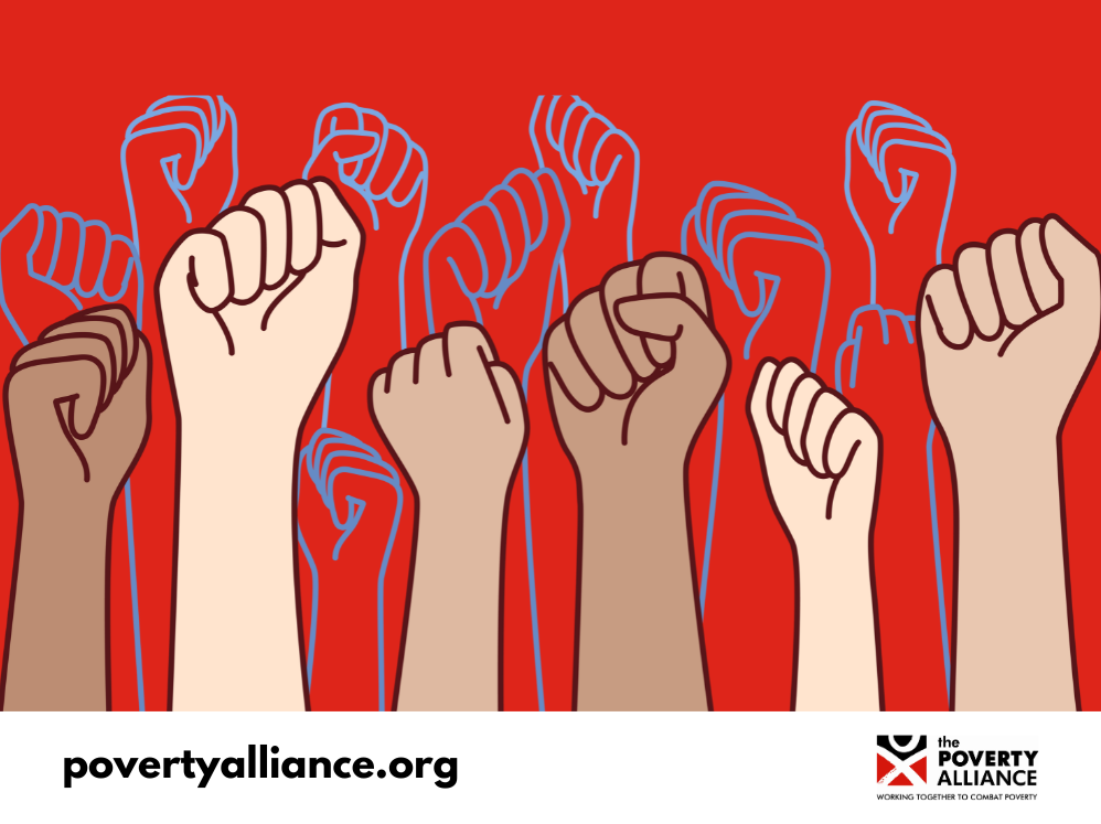 A cartoon showing people with different skin colours holding clenched fists aloft, as a symbol of solidarity.