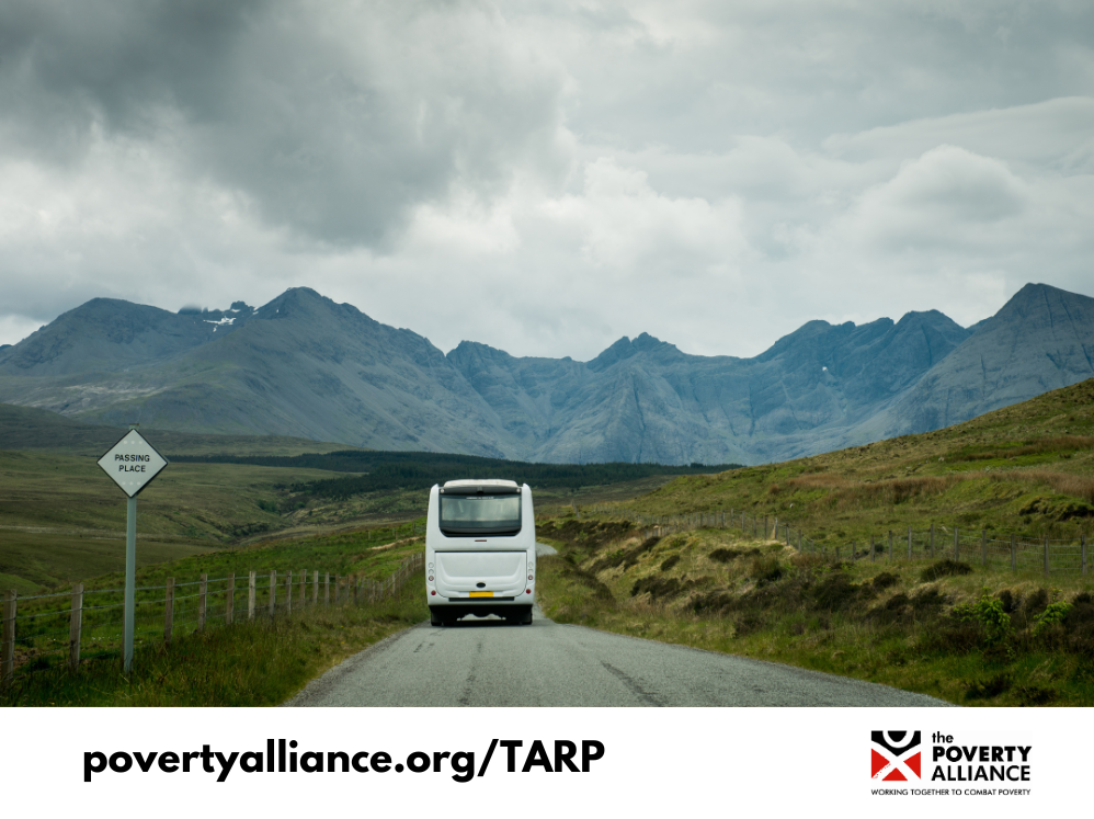 A bus making its way along a single track road in Scotland. To illustrate TARP.