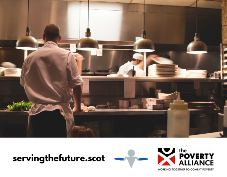 A stock image showing people working in a restaurant kitchen. servingthefuture.scot Serving the Future Logo. Poverty Alliance logo